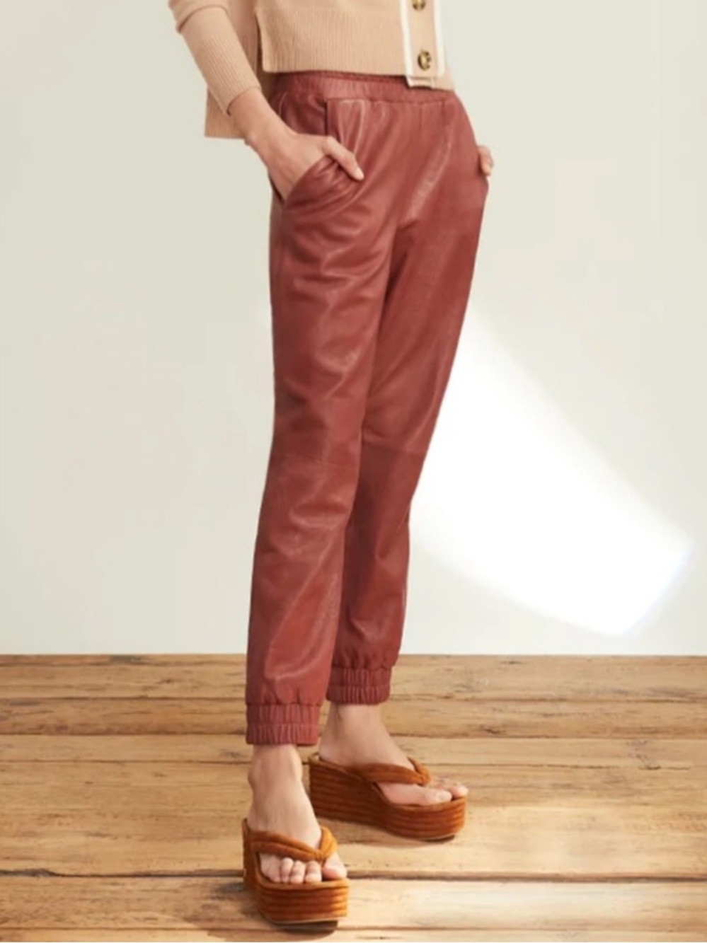 Veronica Beard Wasia Rust Lamb Leather Pants Joggers